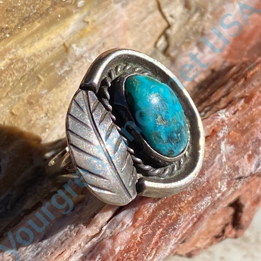 Vintage Navajo Turquoise One Feather Ring Sterling Silver 5.75