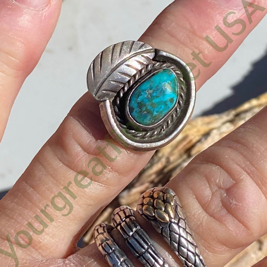 Vintage Navajo Turquoise One Feather Ring Sterling Silver 5.75