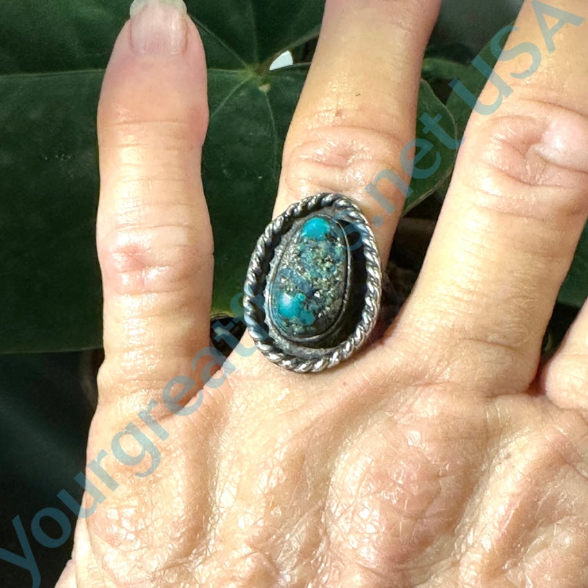 Vintage Navajo Turquoise Pyrite Sterling Silver Ring Size 7.25
