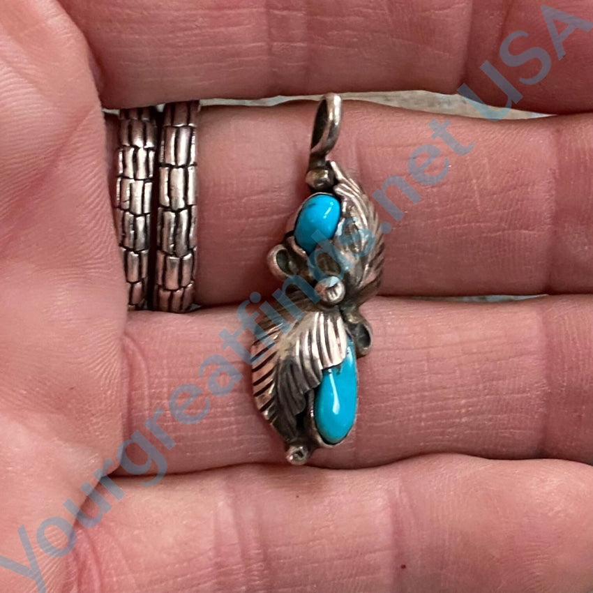 Vintage Navajo Turquoise Two Feather Pendant 925