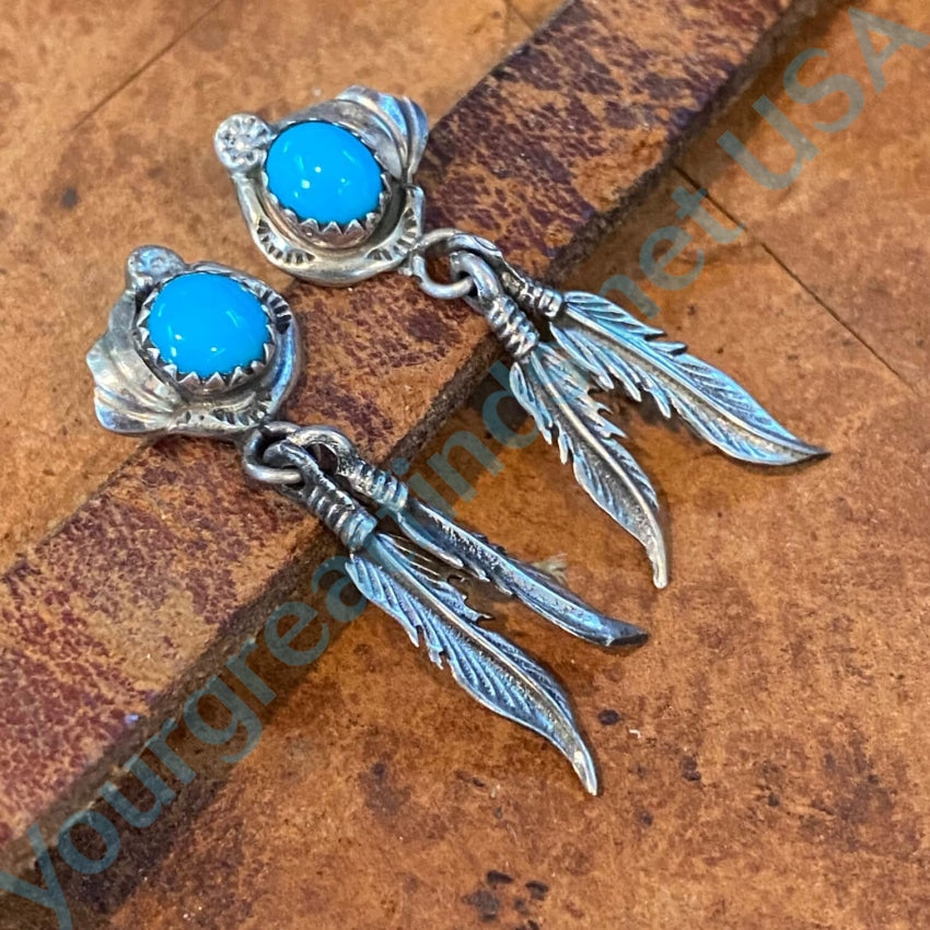 Vintage Navajo Turquoise Two Feather Pierced Earrings 925