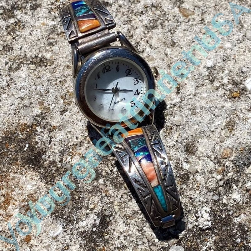 Vintage Navajo Watch Band Sterling Turquoise Inlay Begay Yourgreatfinds