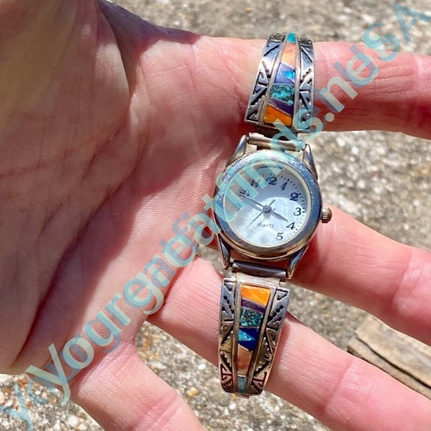 Vintage Navajo Watch Band Sterling Turquoise Inlay Begay Yourgreatfinds