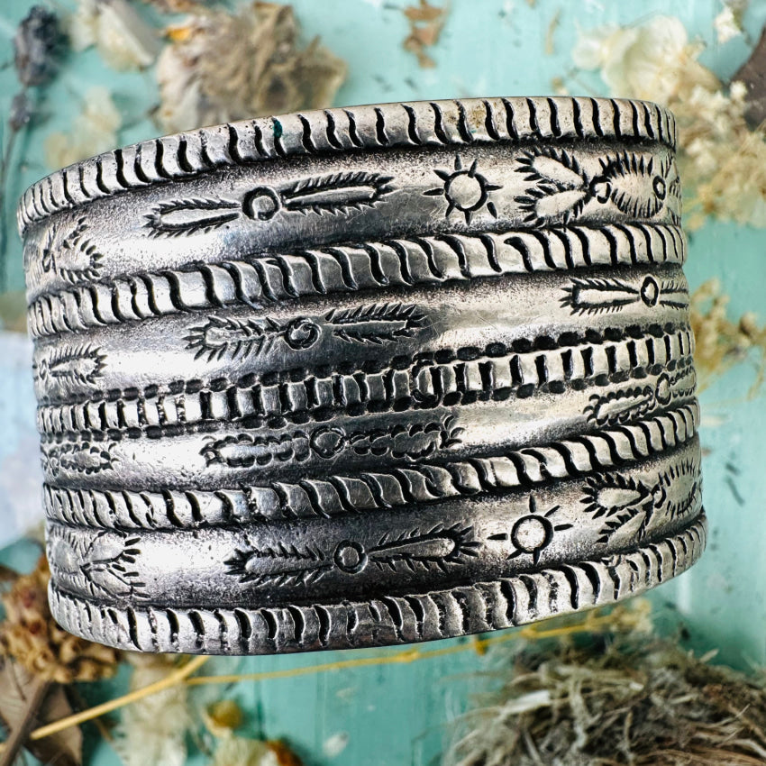 Vintage Navajo Wide Stamp Decorated Cuff Bracelet Bracelet
