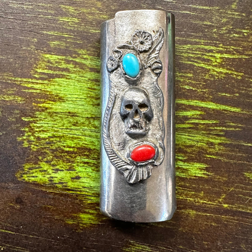 Vintage Nickel Silver Disposable Lighter Case W/ Skull Lighter Case