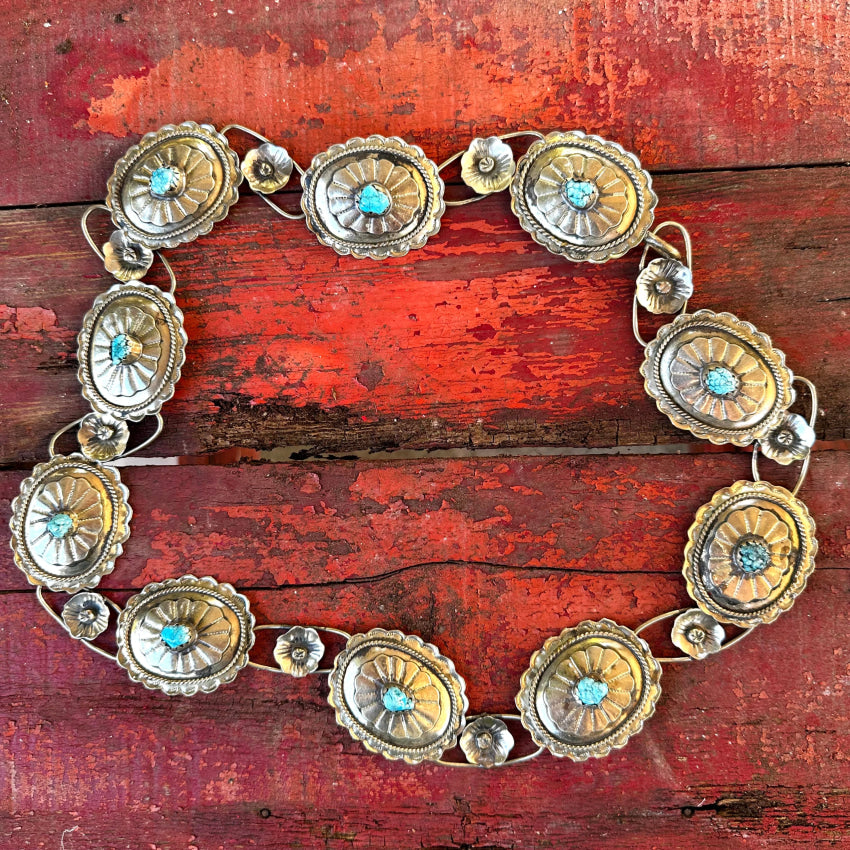 Vintage Nickel Silver & Turquoise Concho Belt Navajo Concho Belt