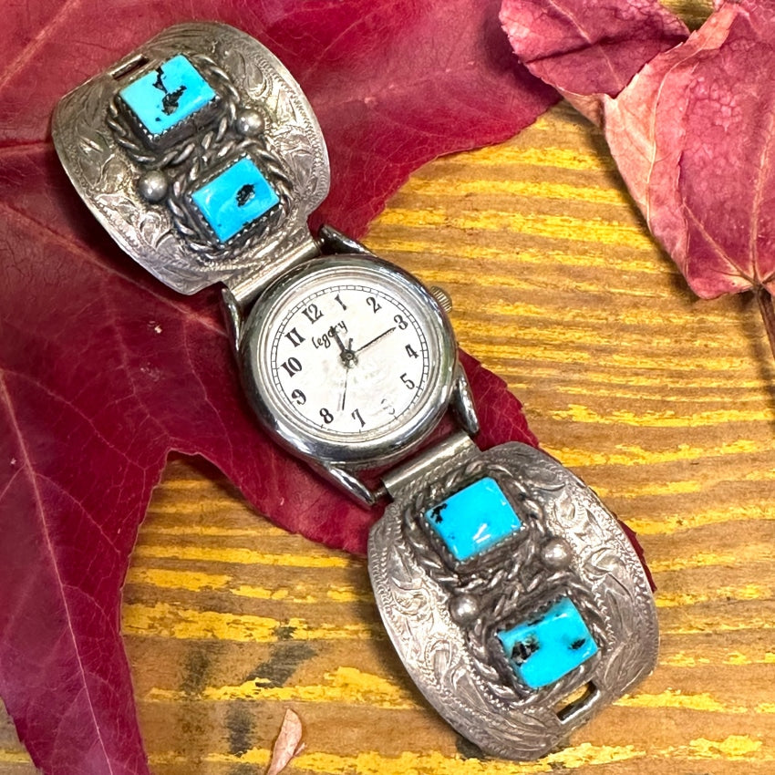 Vintage Nickel Silver &amp; Turquoise Watch Band Plates