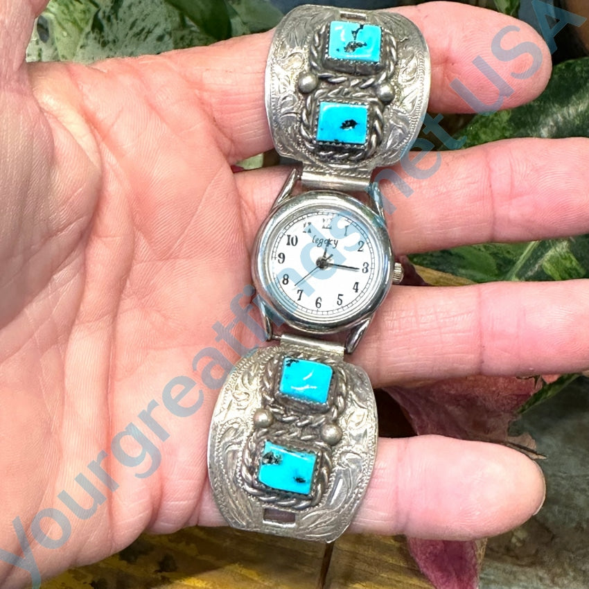 Vintage Nickel Silver &amp; Turquoise Watch Band Plates