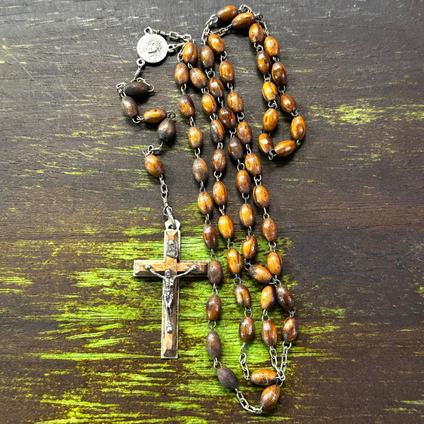 Vintage Olive Wood Bead Rosary Jerusalem Rosary Necklace