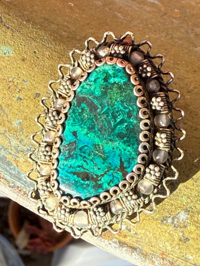 Vintage Pendant Pin Sterling Silver Malachite Chrysocolla pendant pin