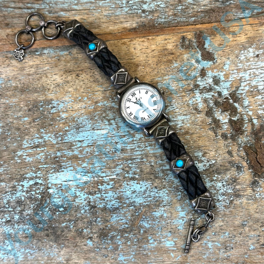 Vintage Peyote Bird Black Leather Sterling Silver Turquoise Watch