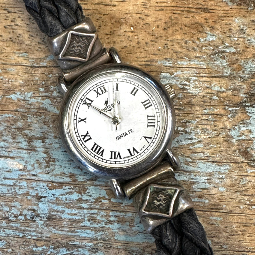 Vintage Peyote Bird Black Leather Sterling Silver Turquoise Watch