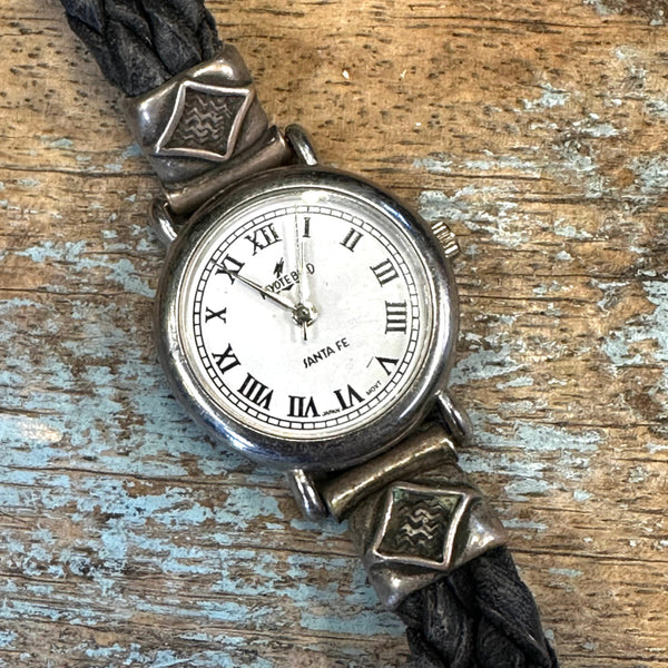 Vintage Peyote Bird Black Leather Sterling Silver Turquoise Watch