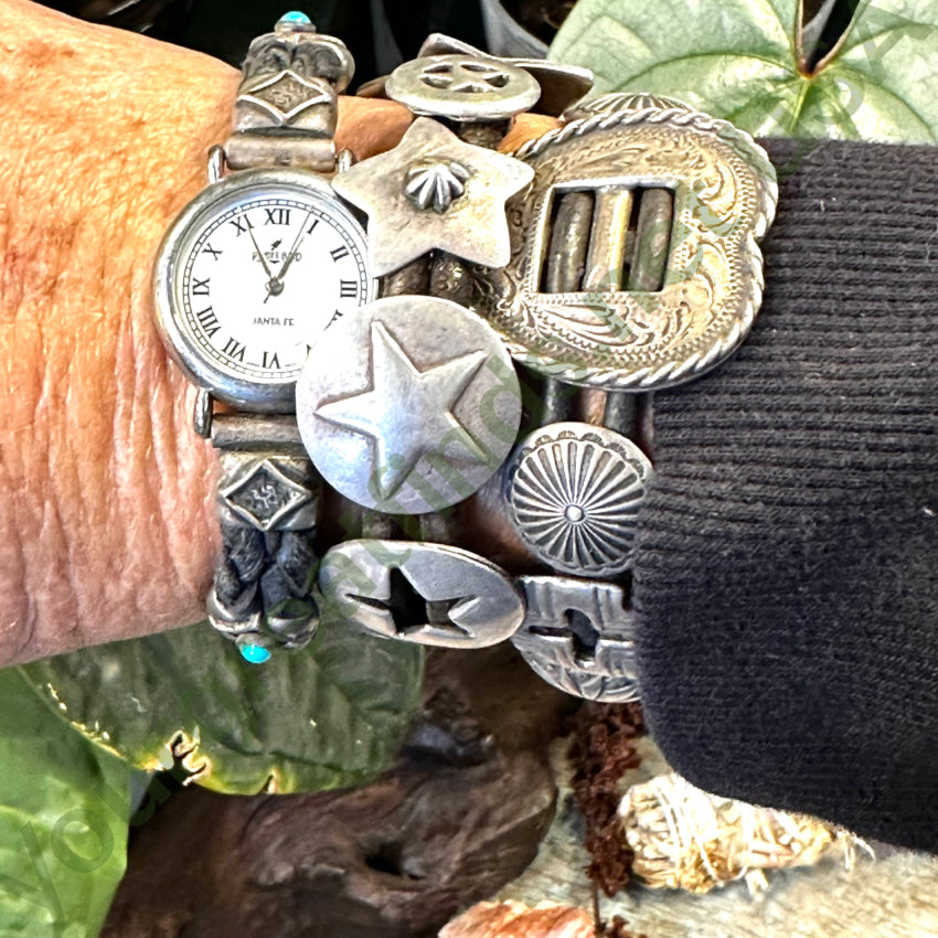 Vintage Peyote Bird Black Leather Sterling Silver Turquoise Watch