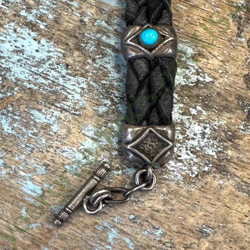 Vintage Peyote Bird Black Leather Sterling Silver Turquoise Watch