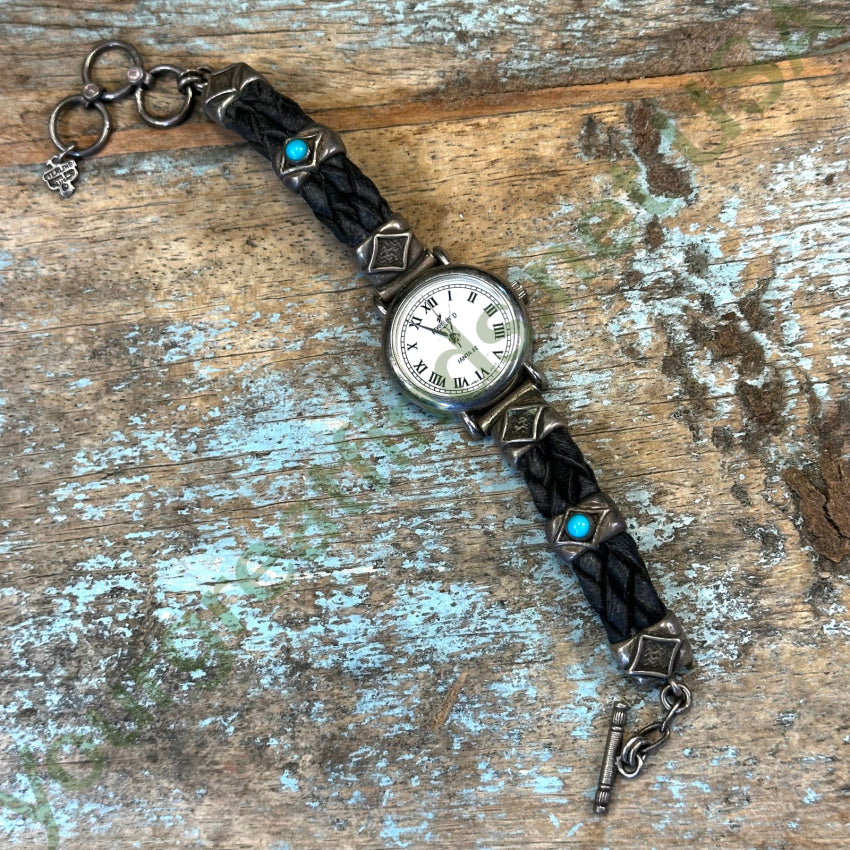 Vintage Peyote Bird Black Leather Sterling Silver Turquoise Watch