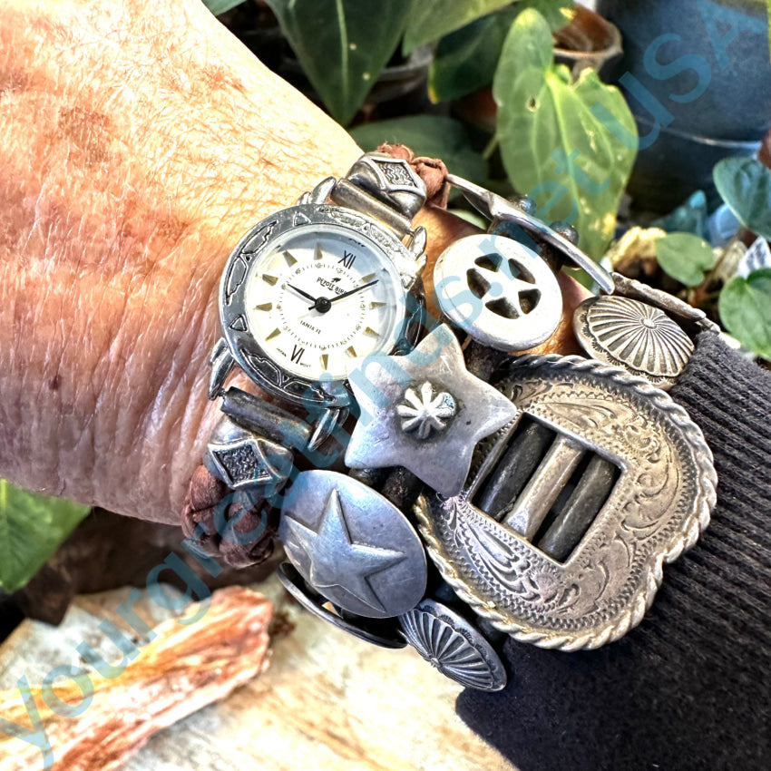 Vintage Peyote Bird Brown Leather Sterling Silver Watch