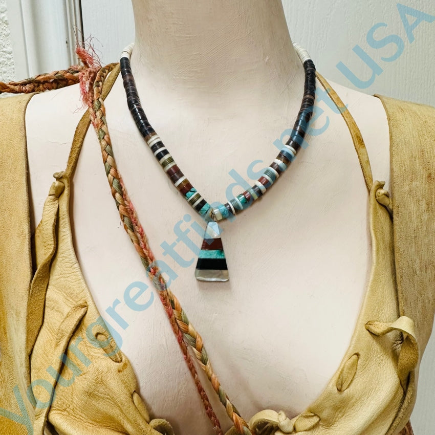 Vintage Pueblo Indian Heishi Bead Necklace &amp; Pendant
