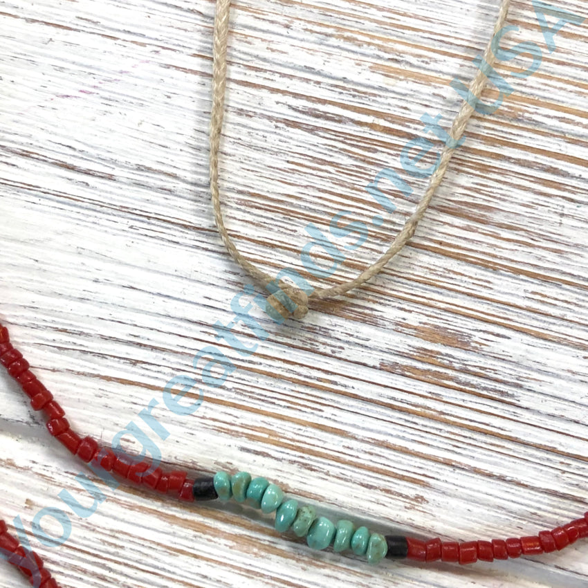 Vintage Pueblo Indian Turquoise Coral Heishi 5 Strand Necklace