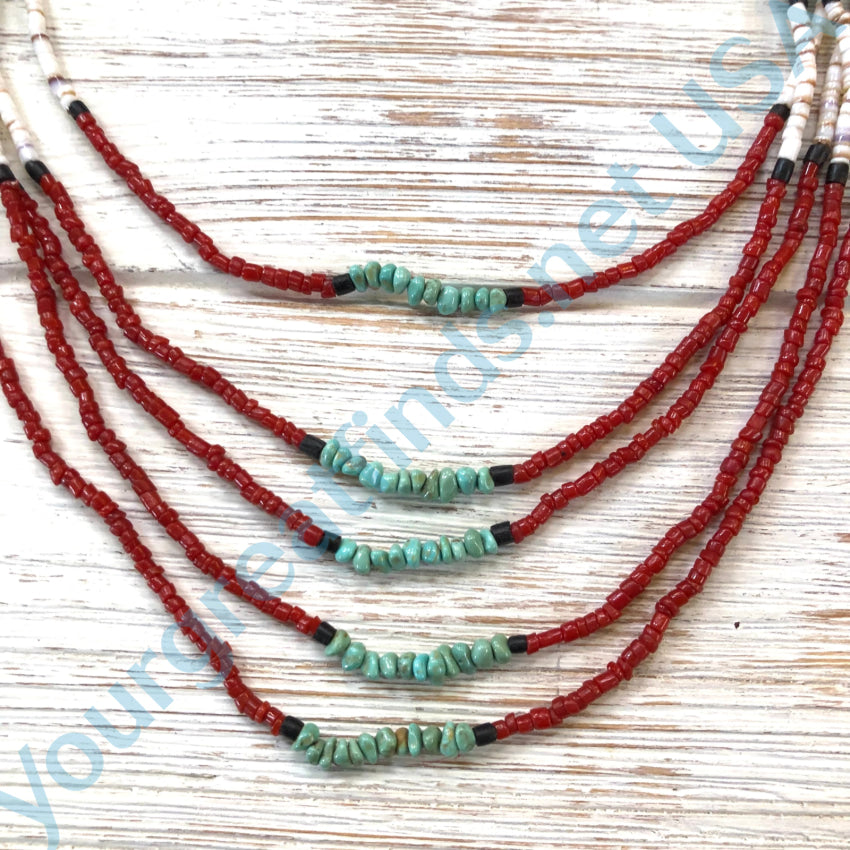 Vintage Pueblo Indian Turquoise Coral Heishi 5 Strand Necklace