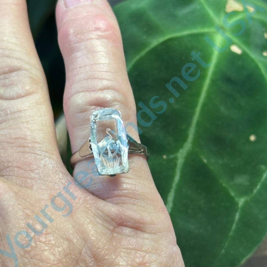 Vintage Quartz Rock Crystal W/ Carved Crane Ring Sterling Silver Adjustable