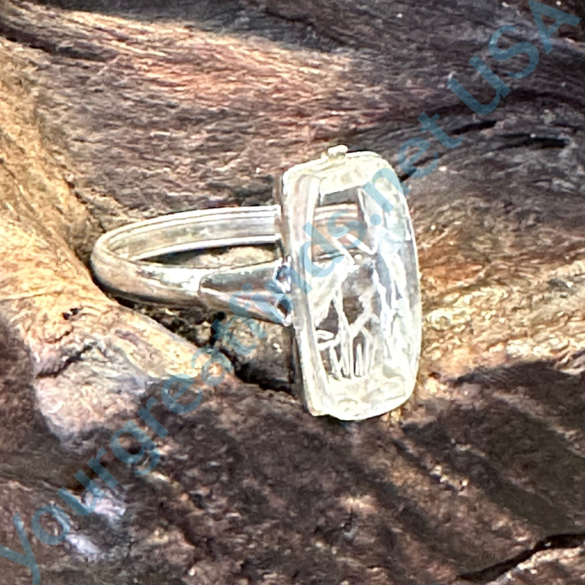 Vintage Quartz Rock Crystal W/ Carved Crane Ring Sterling Silver Adjustable