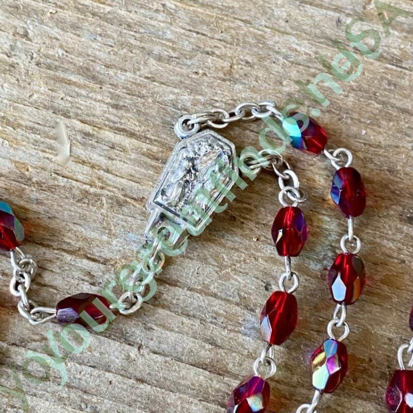 Vintage Reliquary Rosary with Red Glass Aurora Borealis Italy Yourgreatfinds