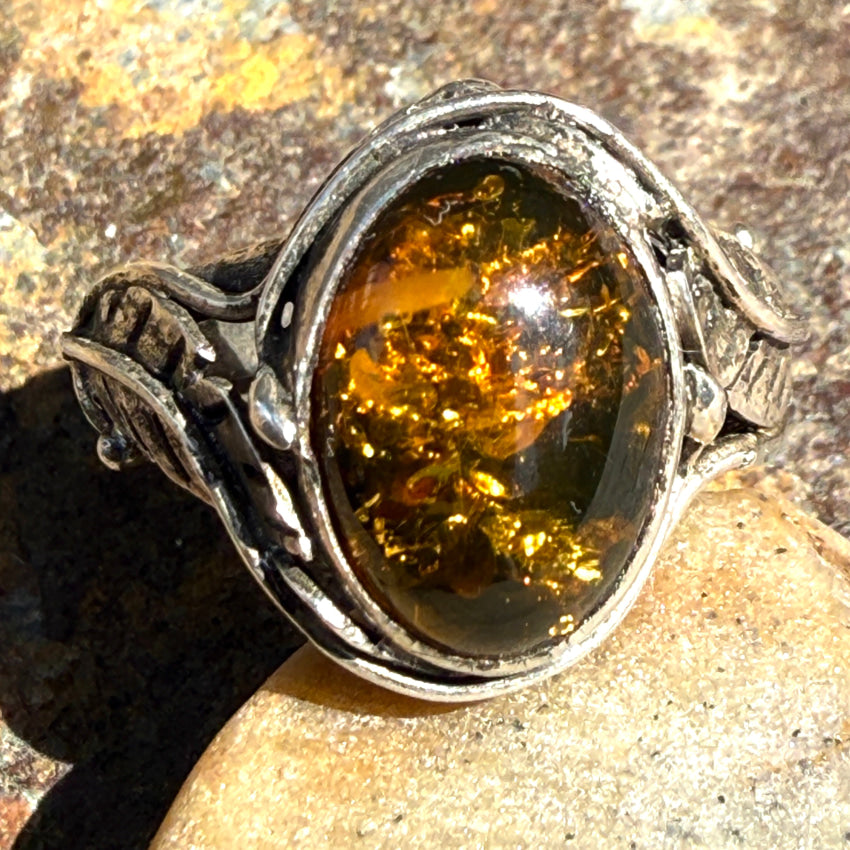 Vintage Ring Sterling Silver & Amber Size 7.5 LIVE SALE ring