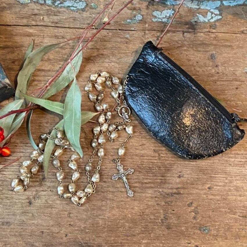 Vintage Rosary with Faux Pearls and Original Black Leather Case Yourgreatfinds