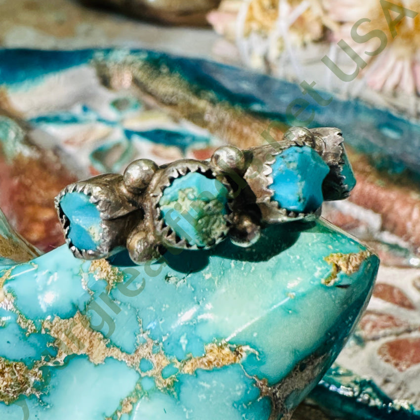 Vintage Rustic Zuni Sterling Silver Turquoise Row Ring Size 6