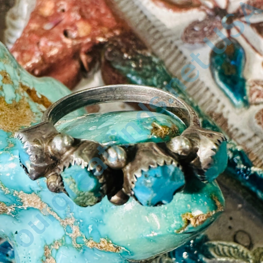 Vintage Rustic Zuni Sterling Silver Turquoise Row Ring Size 6