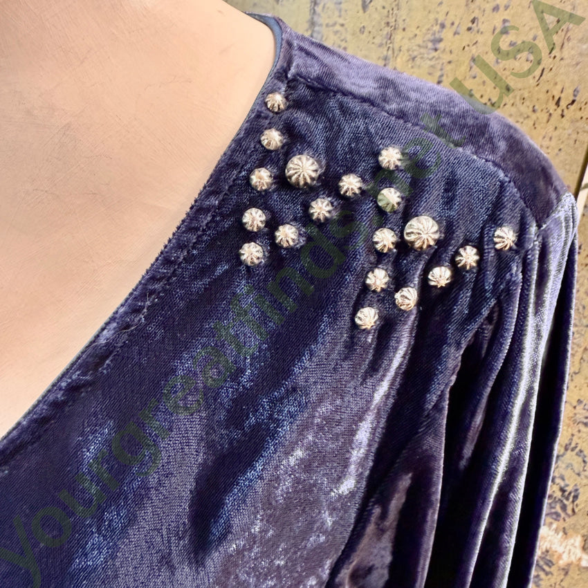 Vintage Saddle RIdge Blue Velvet Studded Western Long Blouse blouse
