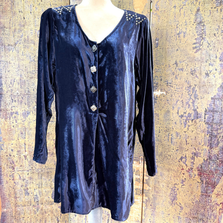 Vintage Saddle RIdge Blue Velvet Studded Western Long Blouse blouse