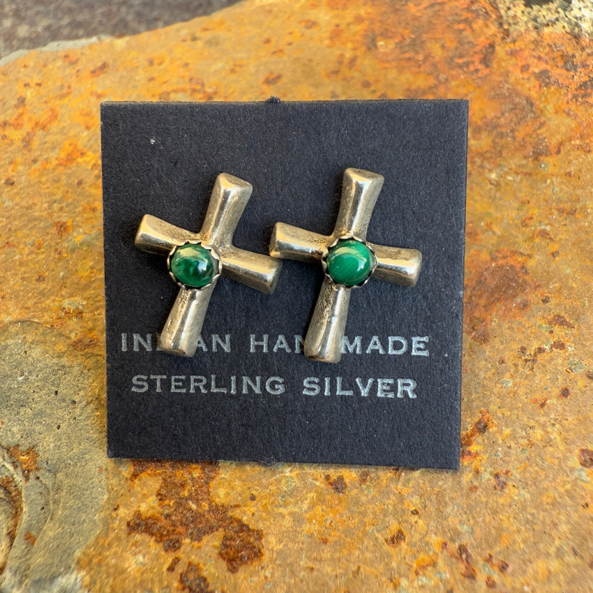 Vintage Sand Cast Sterling Silver Malachite Navajo Cross Stud Post Earrings Earrings