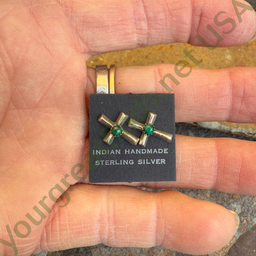 Vintage Sand Cast Sterling Silver Malachite Navajo Cross Stud Post Earrings Earrings