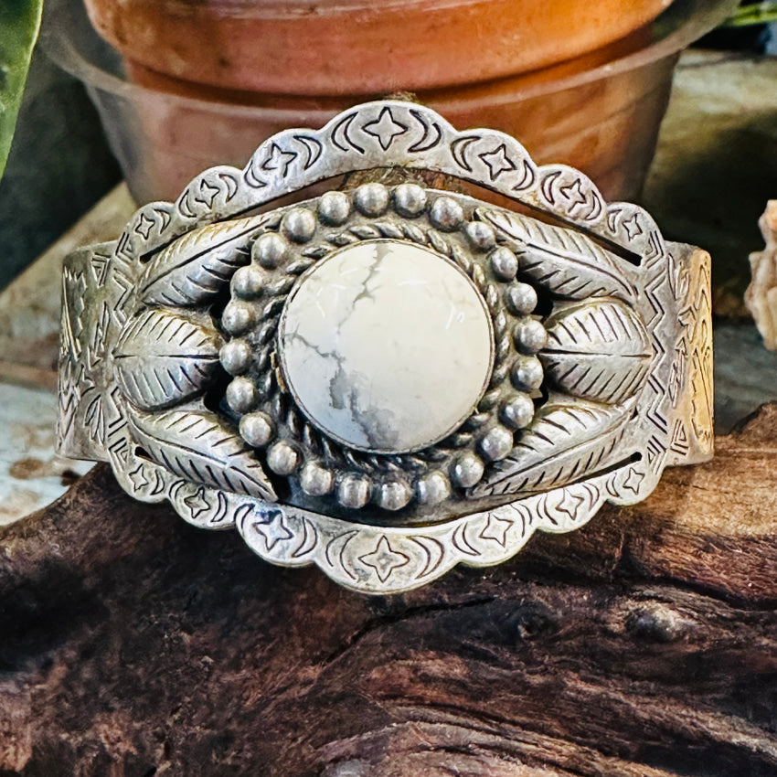 Vintage Sanford Nickel Silver & White Howlite Cuff Bracelet