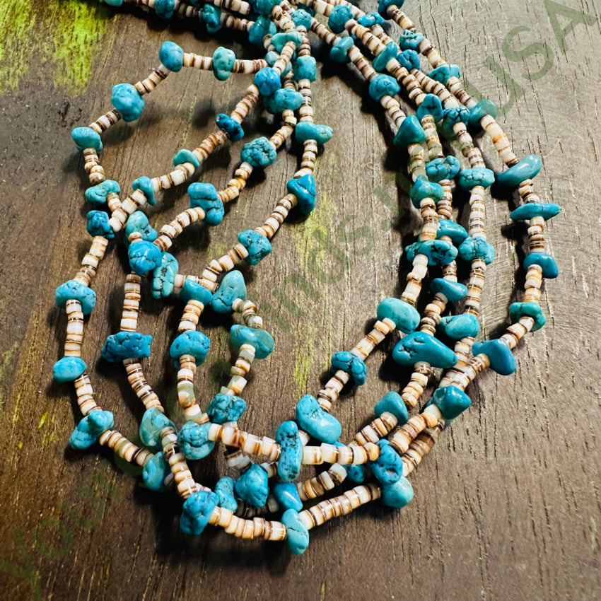 Vintage Santo Domingo White Heishi Turquoise Nugget 4 Strand Necklace