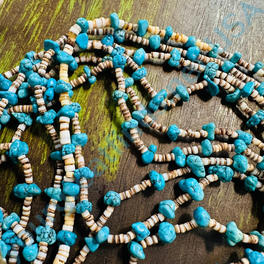 Vintage Santo Domingo White Heishi Turquoise Nugget 4 Strand Necklace