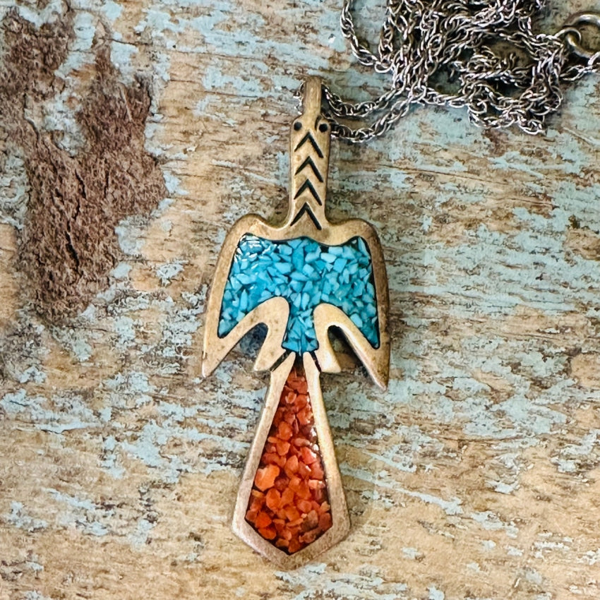 Vintage Shiprock Mosaic Phoenix Bird Necklace Sterling