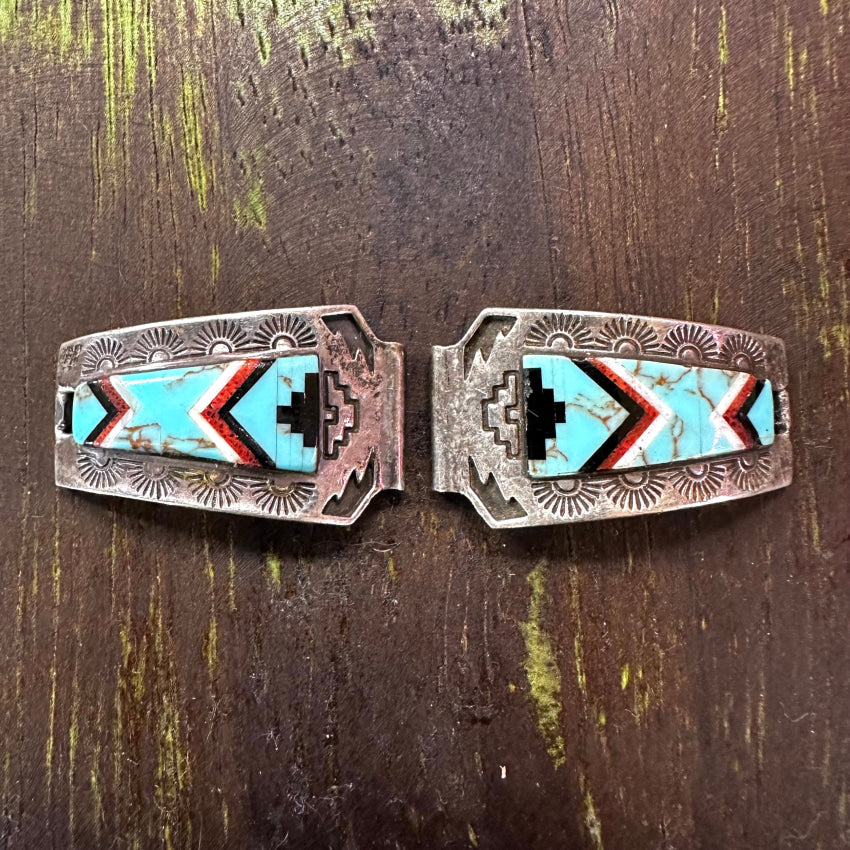 Vintage Signed Native American Channel Inlay Turquoise Watch Band Plates Watch Band Plates