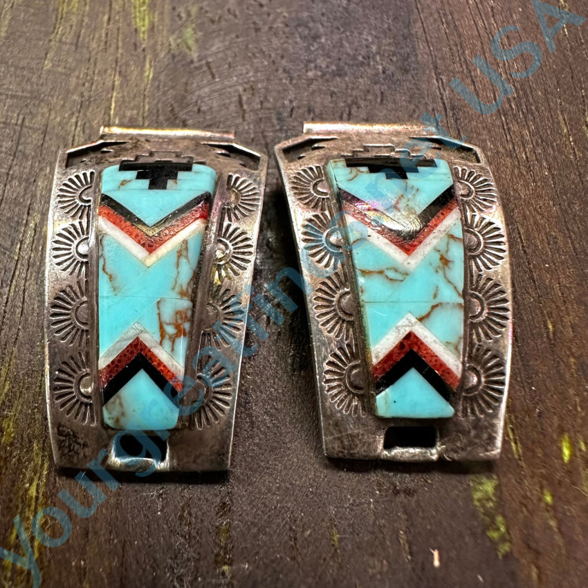 Vintage Signed Native American Channel Inlay Turquoise Watch Band Plates Watch Band Plates