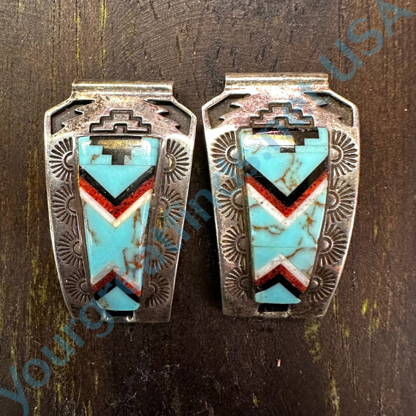 Vintage Signed Native American Channel Inlay Turquoise Watch Band Plates Watch Band Plates