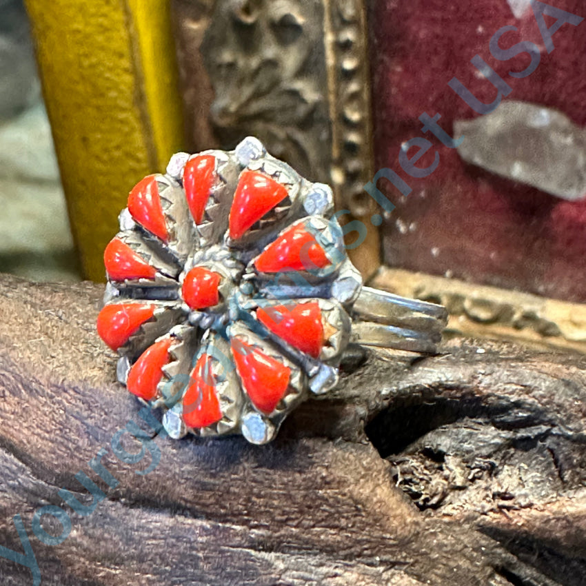 Vintage Signed Navajo Red Coral Rosette Ring Sterling Silver Size 10 1/8