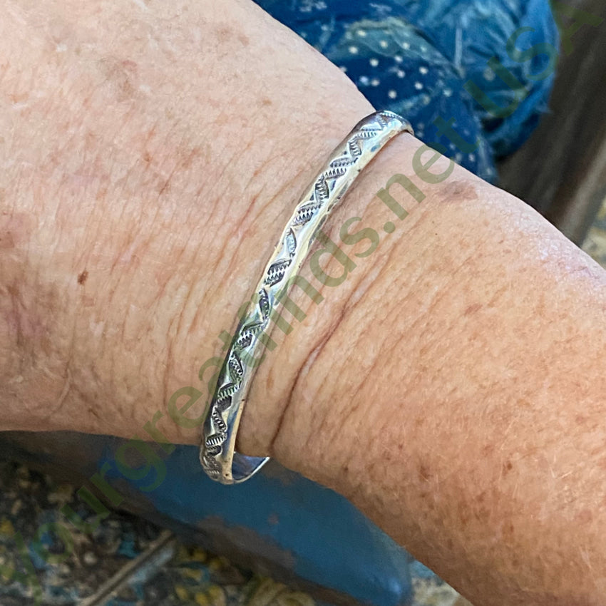 Vintage Signed Navajo Stamp Decorated Sterling Silver Bracelet