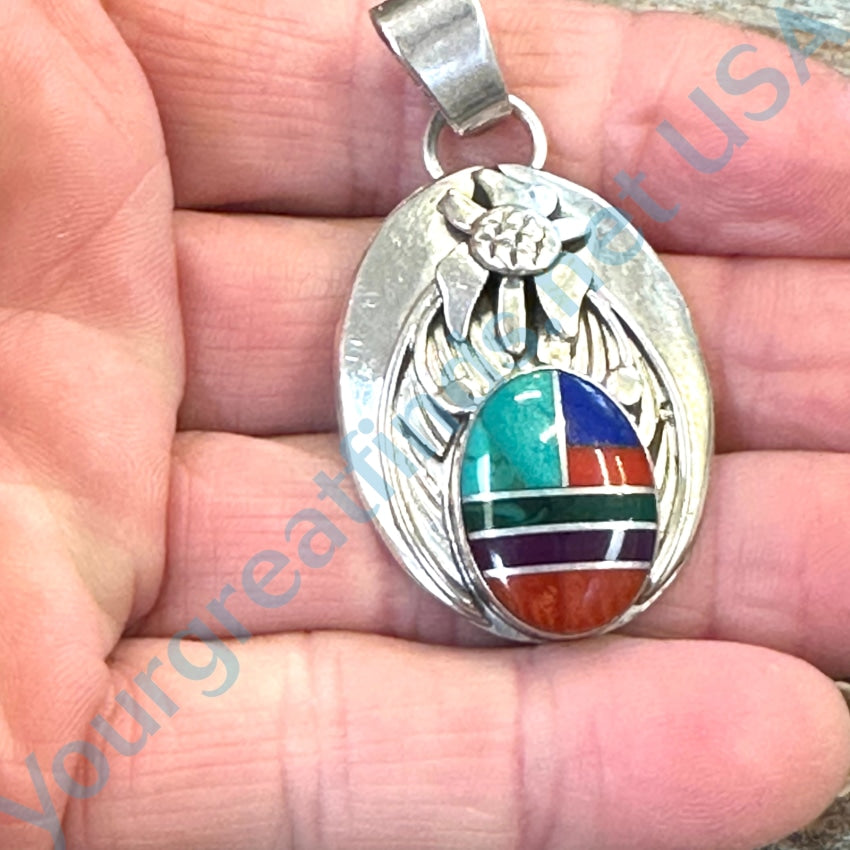 Vintage Signed Navajo Sterling Silver Channel Inlay Pendant