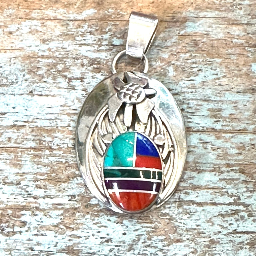 Vintage Signed Navajo Sterling Silver Channel Inlay Pendant