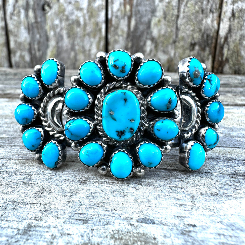 Vintage Signed Navajo Sterling Silver Rosette Turquoise Bracelet Bracelet