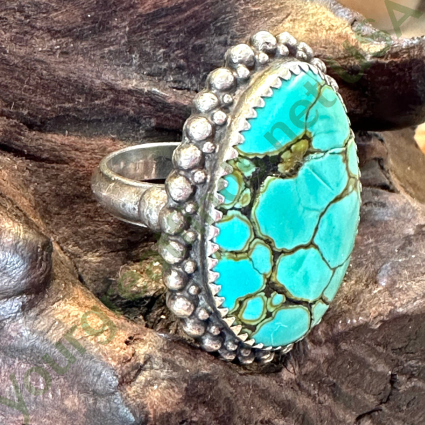 Vintage Signed Navajo Sterling Silver Spider Web Turquoise Ring 9.5