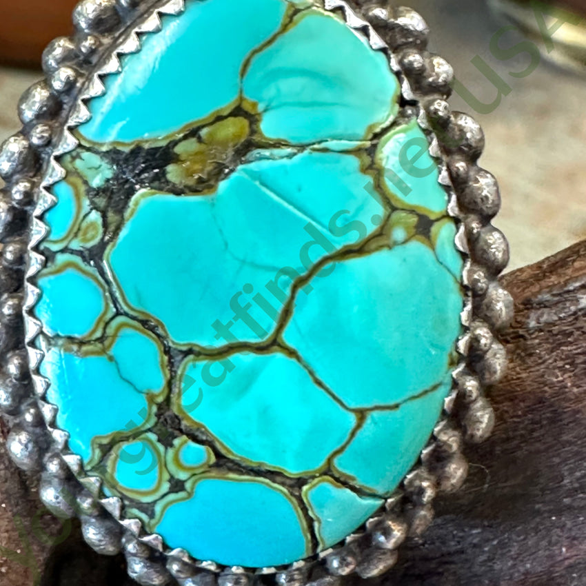 Vintage Signed Navajo Sterling Silver Spider Web Turquoise Ring 9.5