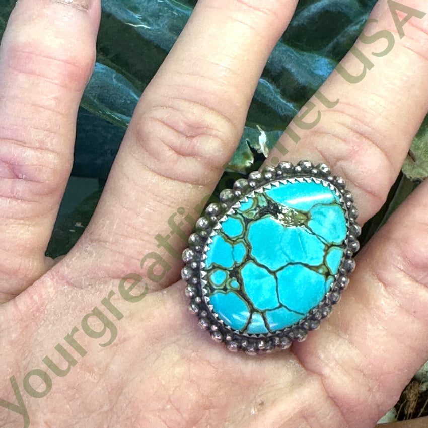 Vintage Signed Navajo Sterling Silver Spider Web Turquoise Ring 9.5